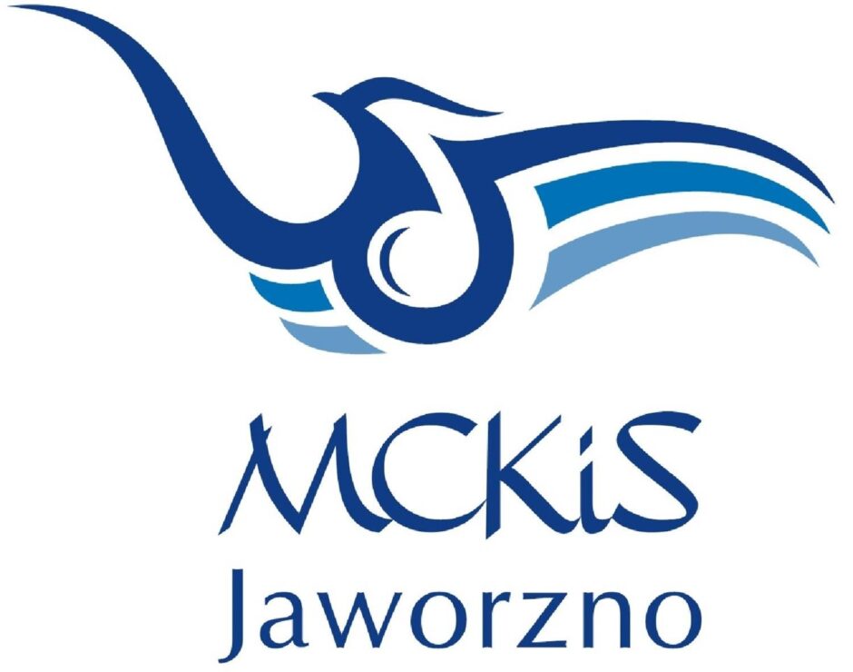 Logo: ciemnoniebieski ptak z dziobem skierowanym w górę, głowa i brzuch stylizowane na nutę, skrzydła z trzech pasków cieniowane od granatu do jasnego niebieskiego, pod spodem napis: MCKiS Jaworzno