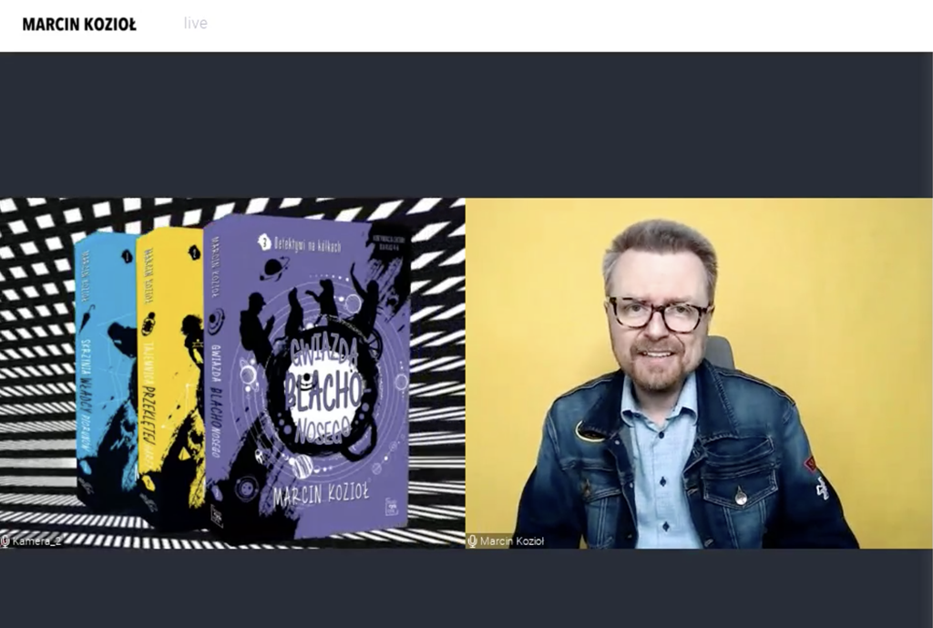Zrzut z ekranu: Po prawej stronie autor - Marcin Kozioł, po lewej grzbiety dwóch książek i okładka jednej – „Gwiazda Blachonosego”.